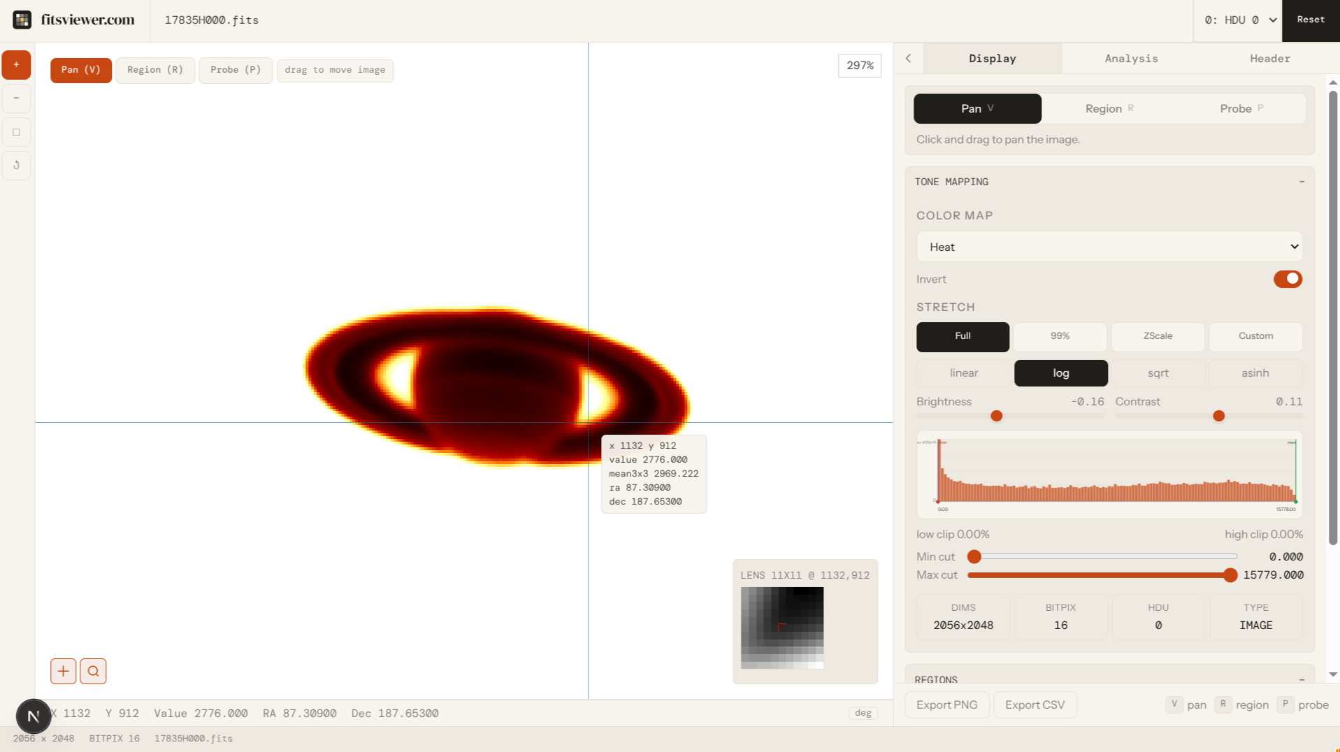 FITS Viewer showing a planetary image with histogram and color map controls