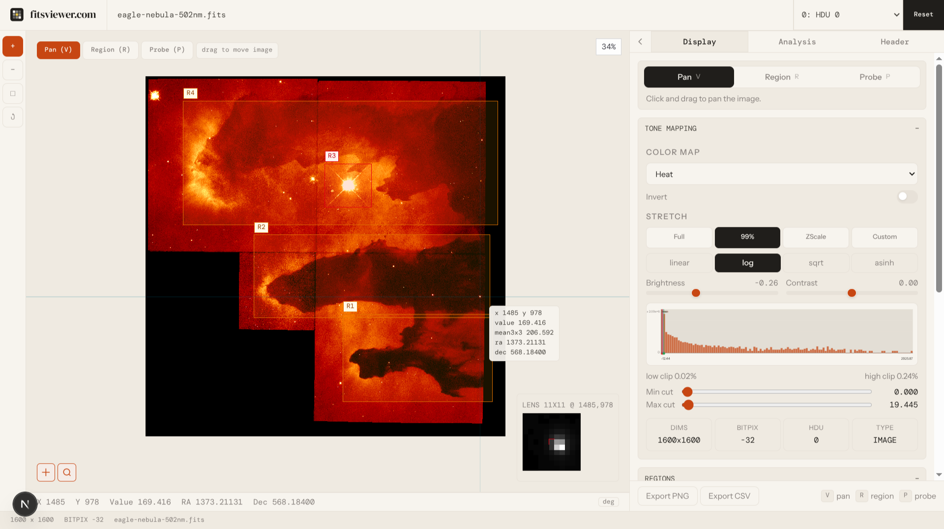 FITS file viewer showing astronomical image with histogram, color maps, and WCS coordinates